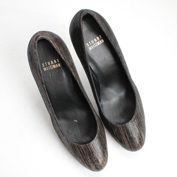 Stuart Weitzman Soft Leather Platform Black Brown Heels Pumps Round Toe Size 8.5 - Picture 5 of 8